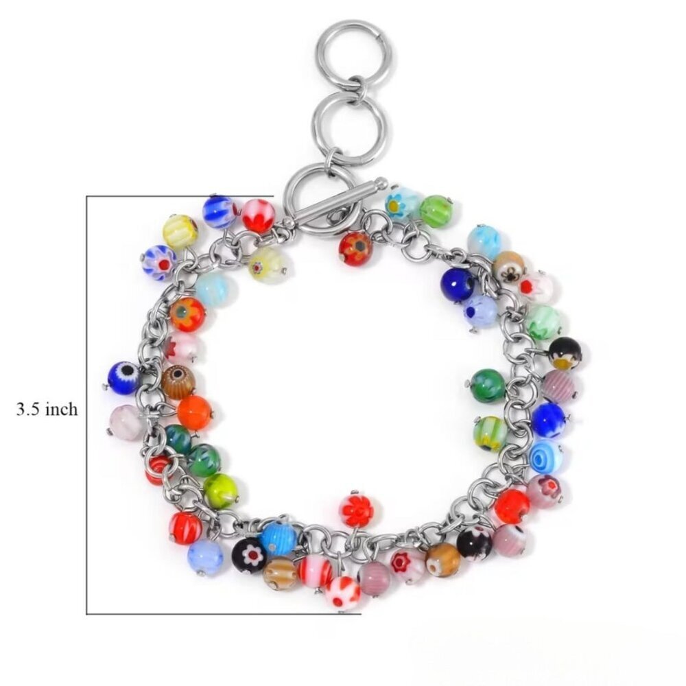 Murano Style ✦ Floral Glass Bead Bracelet ✦ 316L Stainless Toggle Clasp 9" NWT - Picture 4 of 6